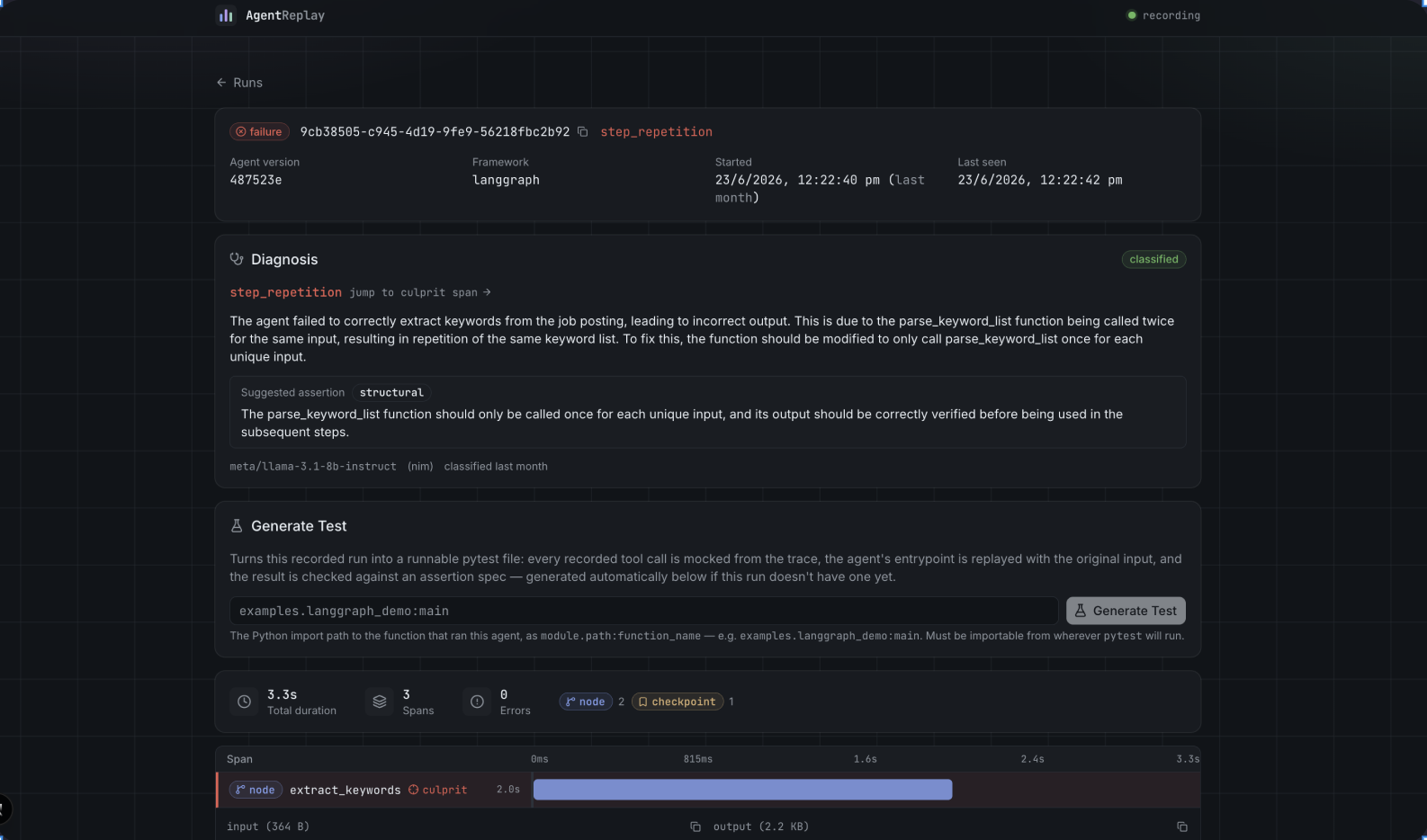 AgentReplay diagnosis view classifying a step_repetition failure