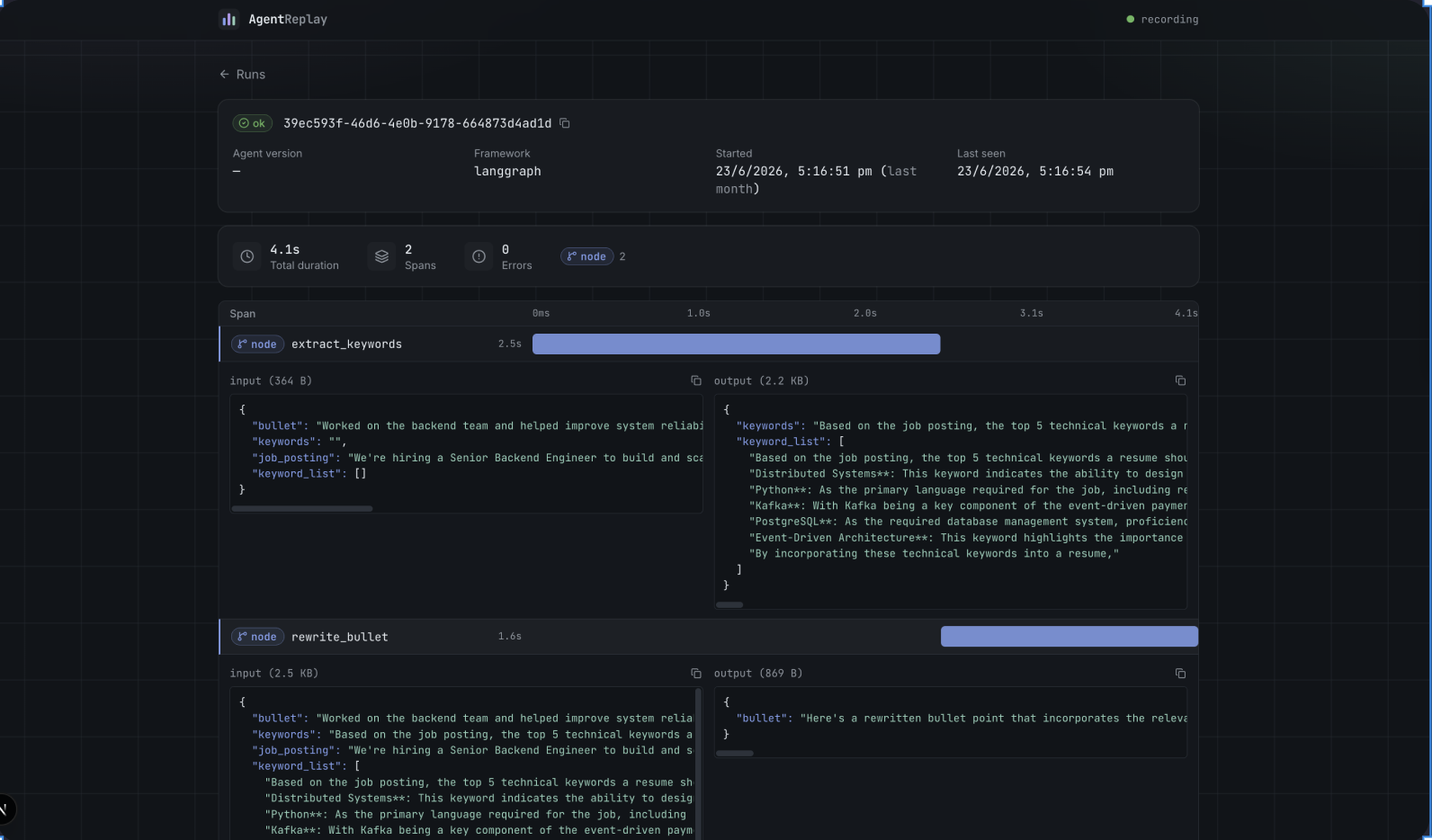 AgentReplay trace detail with node spans and their input and output payloads